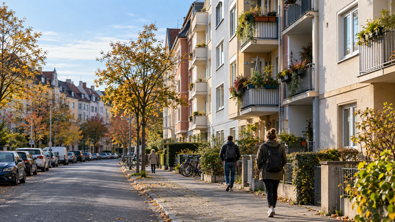 Straße in Großstadt mit Mehrfamilienhäusern